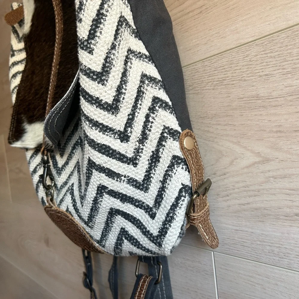 Myra Chevron Brown and White Patterned Backpack with Cowhide Flap.